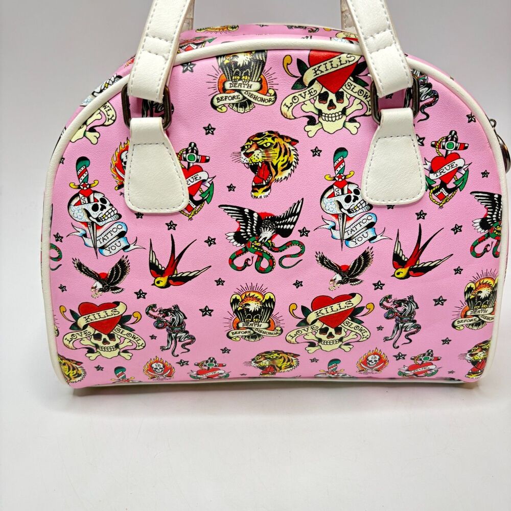 ED HARDY Tattoo Hearts Skull Womens Pink/White Mini Bowler Bag Purse - Picture 3 of 9